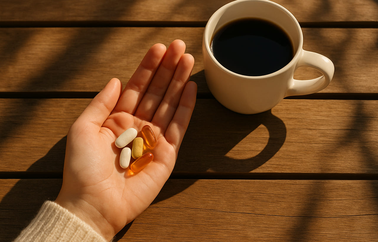 Hand holding a capsule near supplement bottles